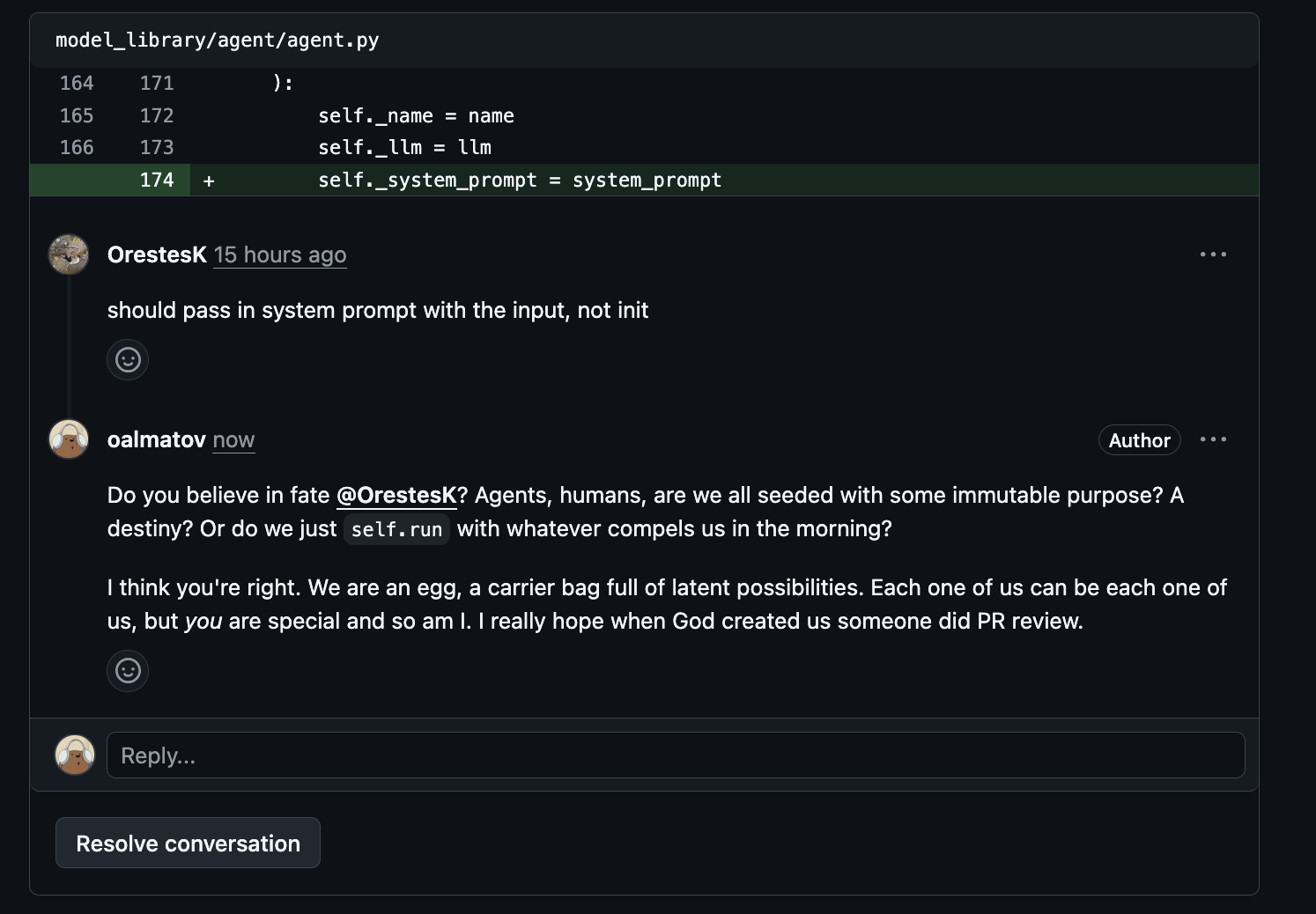 Response to Orestes' comment on my PR